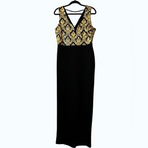 (NWT) Black & Gold Brocade Maxi Dress | Formal Evening Gown Sleeveless (1X)